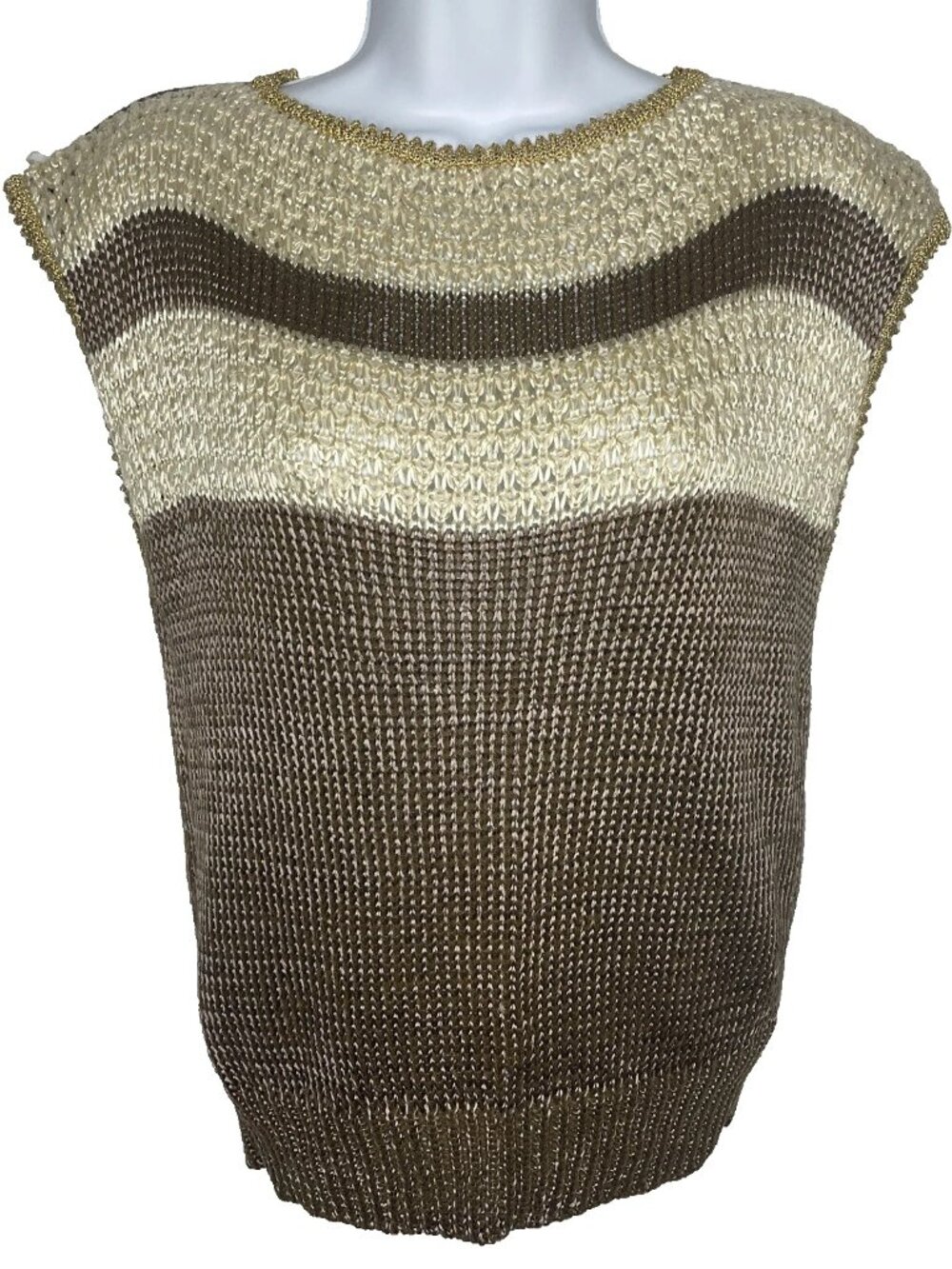 Vintage 80s JA Higgins Cap Sleeve Sweater Sz M Striped Taupe Ivory Gold Metallic